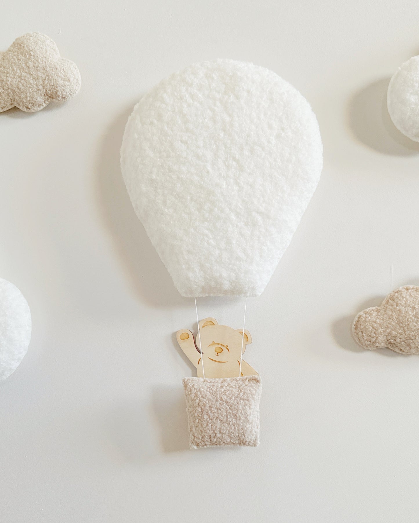 Hot Air Balloon, Clouds & Wooden Teddy Bear Wall Display Set - Ivory & Ecru Bouclé