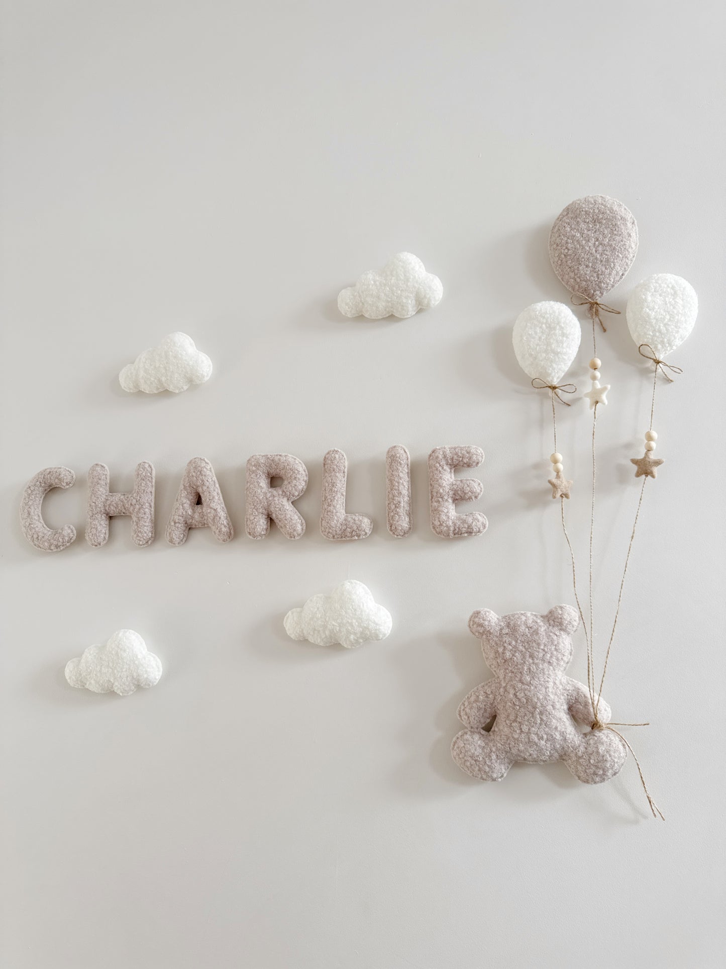 Personalised Name with Large Teddy Bear - Small & Mini Balloons 9pc Wall Display Set - Ivory & Stone Bouclé
