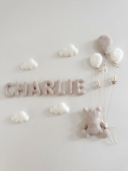 Personalised Name with Large Teddy Bear - Small & Mini Balloons 9pc Wall Display Set - Ivory & Stone Bouclé