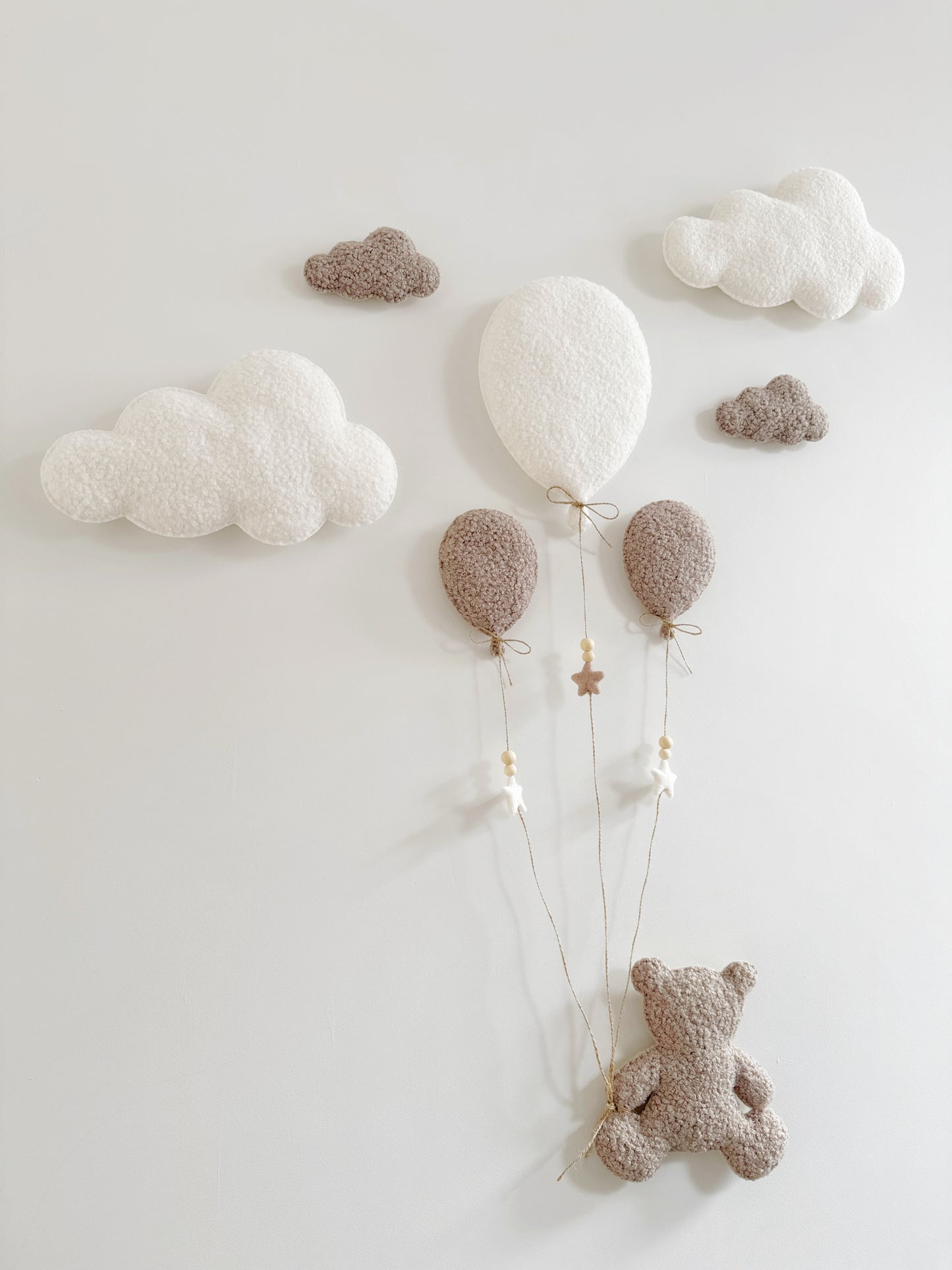 Balloons & Clouds Wall Display Set - 3 Balloons - Large Teddy Bear - Ivory & Taupe Bouclé - Option #2