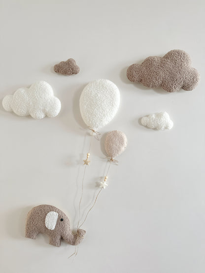 Balloons & Clouds Wall Display Set - 2 Balloons, XL Elephant - Ivory, Taupe & Ecru Mix Bouclé