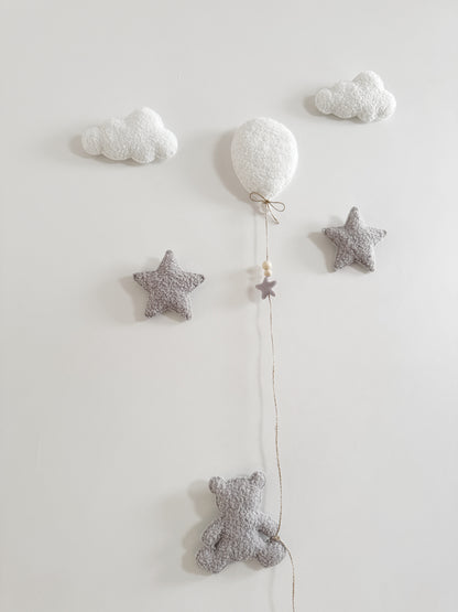Mini Baby Bear Wall Display Set - Balloon & Teddy Bear with Clouds & Stars - White & Light Grey Bouclé