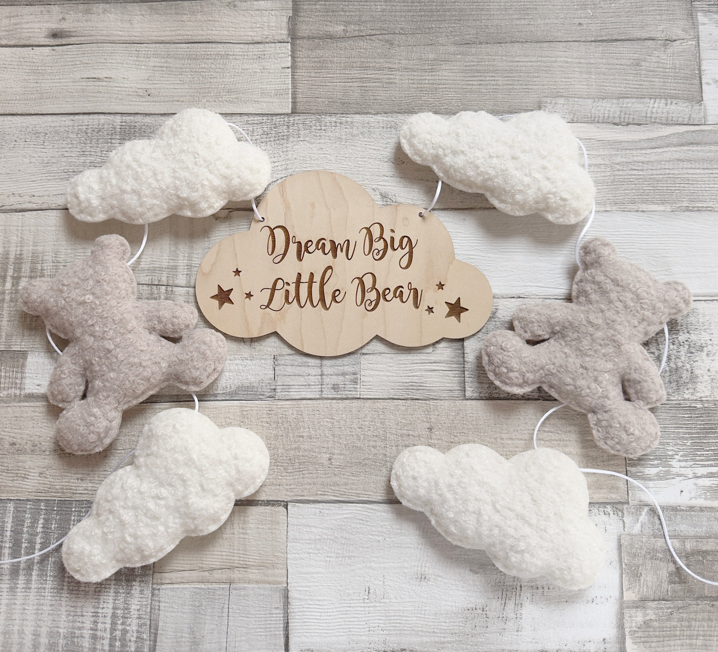 Dream Big Little Bear Bunting - Bouclé Clouds & Teddy Bears - Ivory & Stone Bouclé