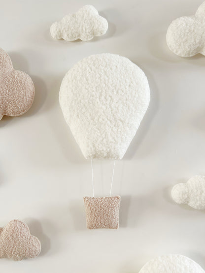 Large Hot Air Balloon Wall Display Set with XL & Small Clouds  - 9 piece set - Ivory & Ecru Bouclé