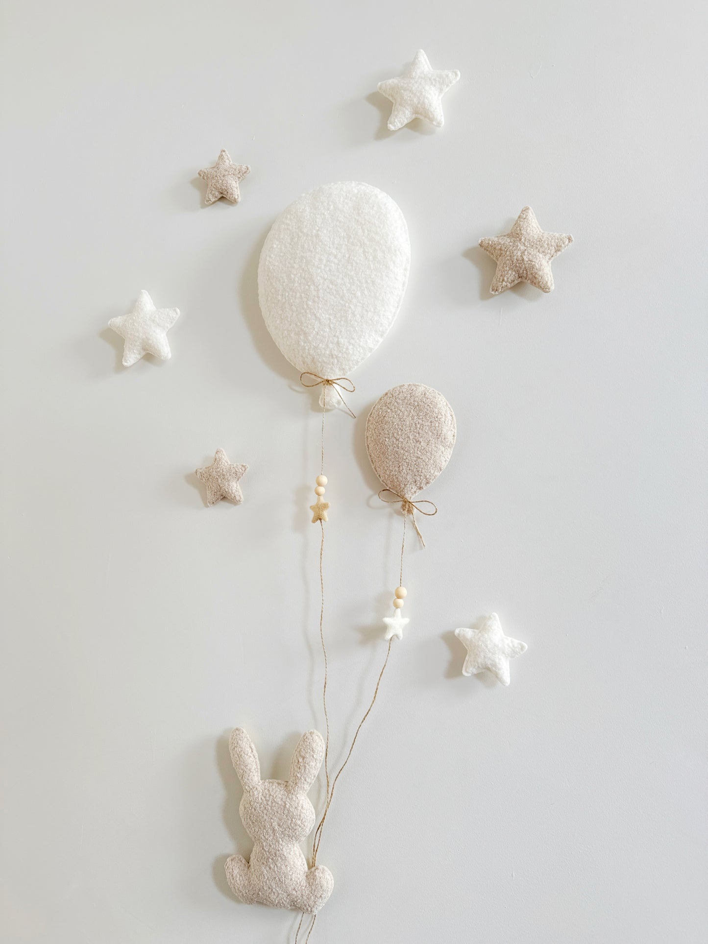 Balloons & Stars Wall Display Set  - 2 Balloons - Large Bunny - Ivory & Ecru Bouclé