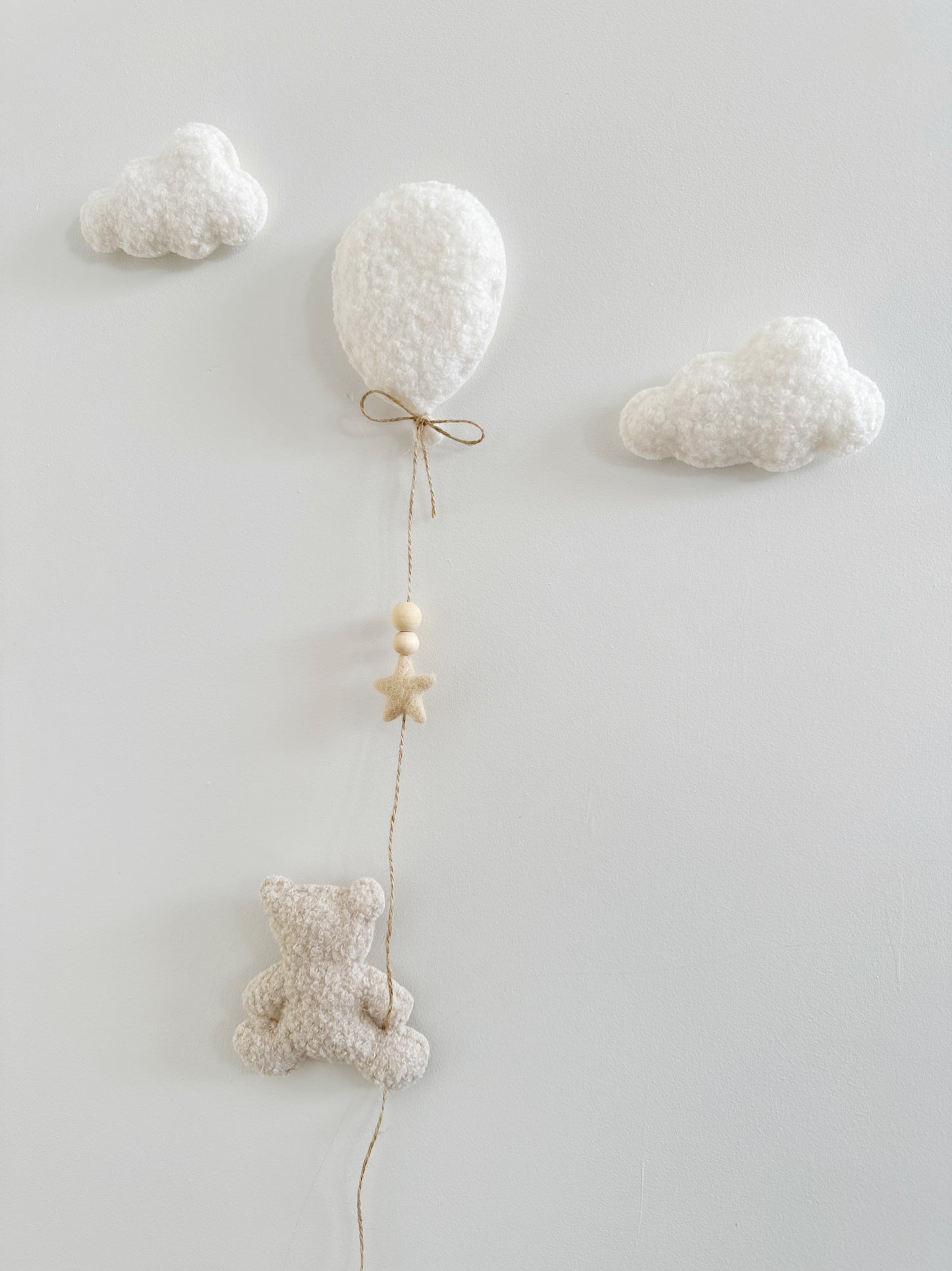 Mini Baby Bear Wall Display Set - Balloon & Teddy Bear with Clouds - Ivory & Ecru Bouclé