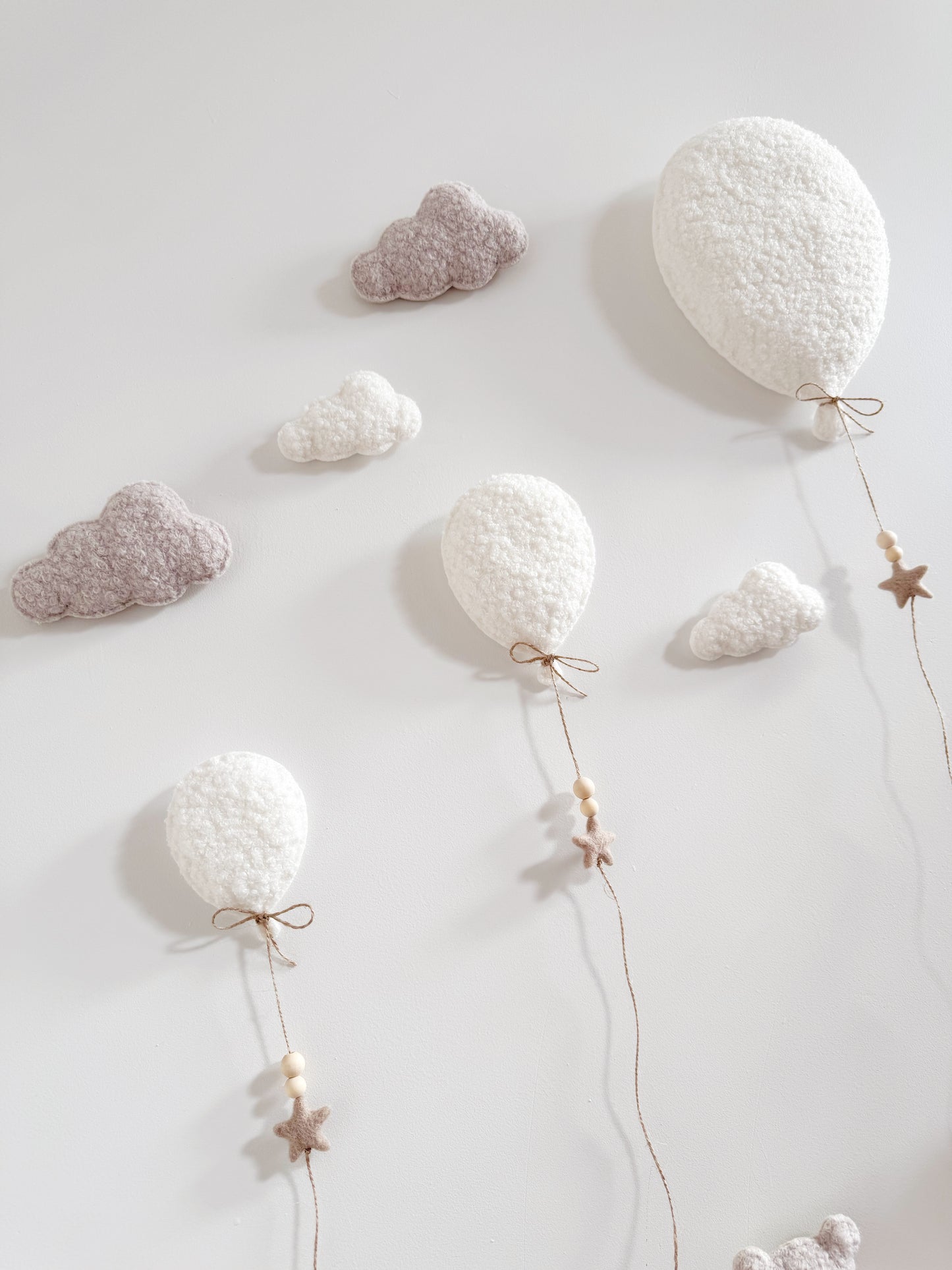 Family of 3 Teddy Bears with  Balloons & Clouds Wall Display Set - Ivory & Stone Bouclé