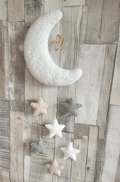 Sleepy Moon & Stars Wall Mobile - Ivory, Ecru & Light Grey Bouclé - READY TO POST