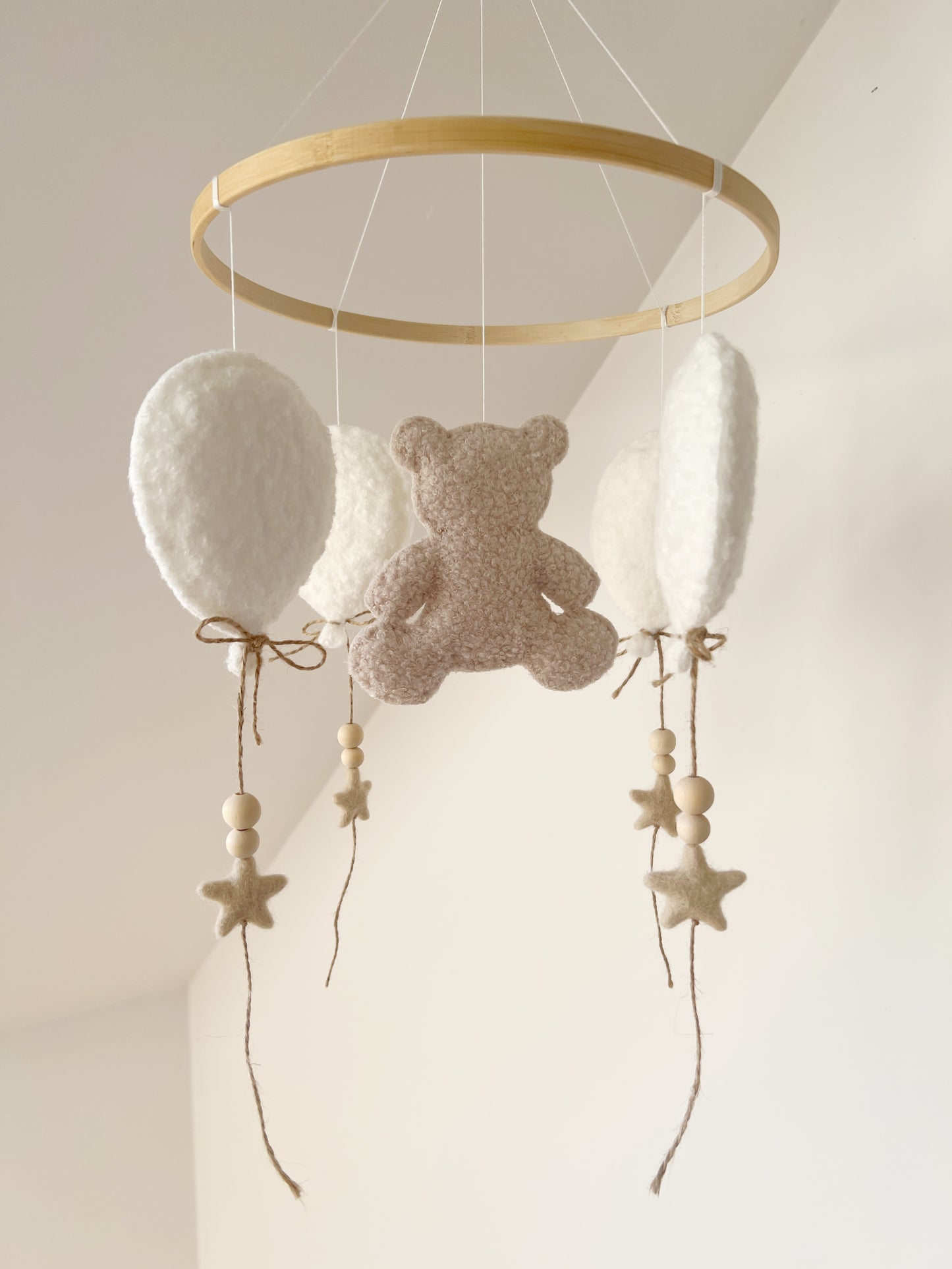 Teddy Bear & Balloons Bouclé Cot Mobile - Ivory & Ecru