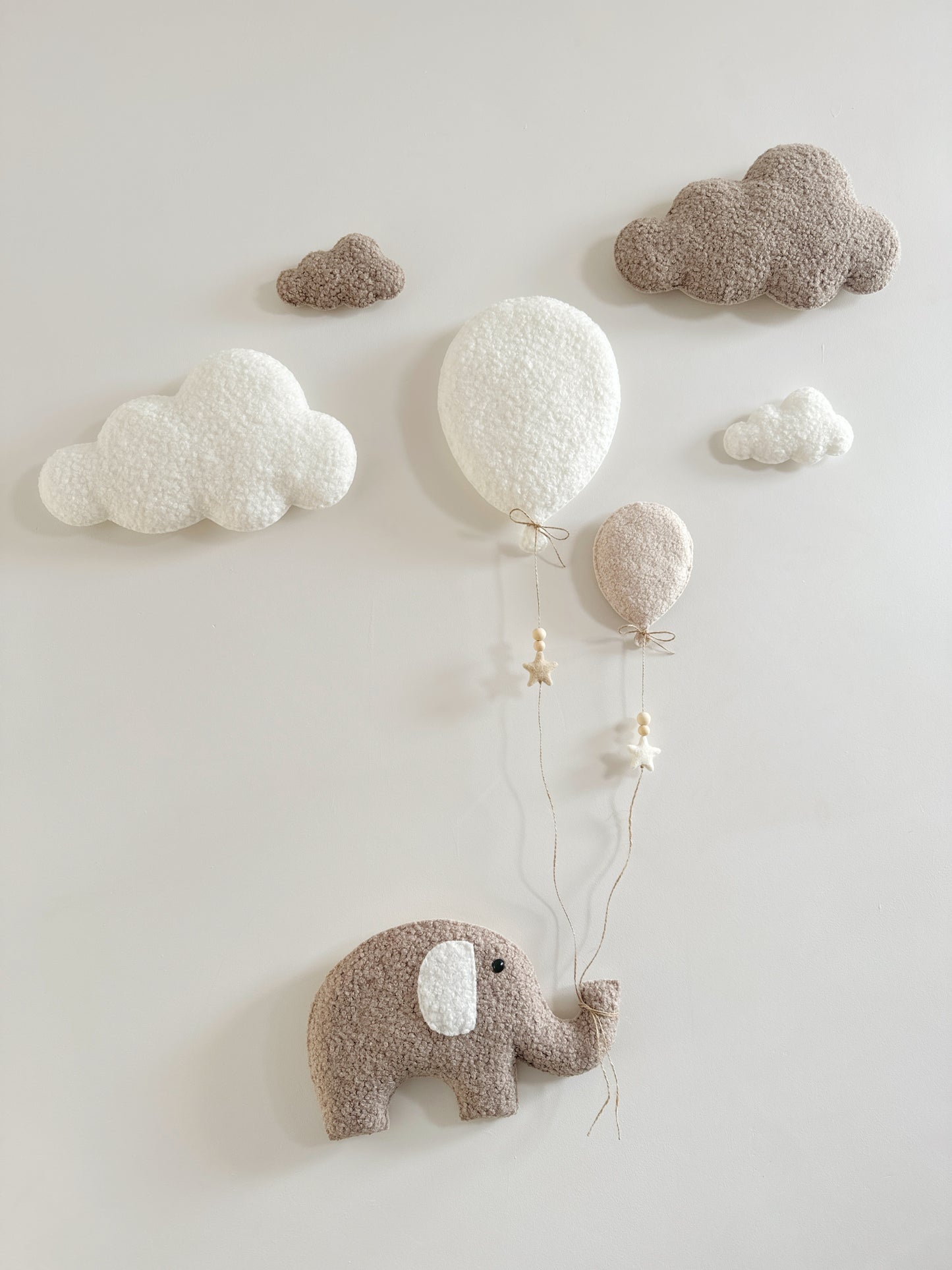 Balloons & Clouds Wall Display Set - 2 Balloons, XL Elephant - Ivory, Taupe & Ecru Mix Bouclé