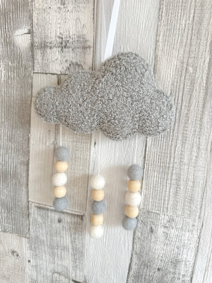 Cloud & Felt Balls Wall Hanger - Light Grey Bouclé - READY TO POST