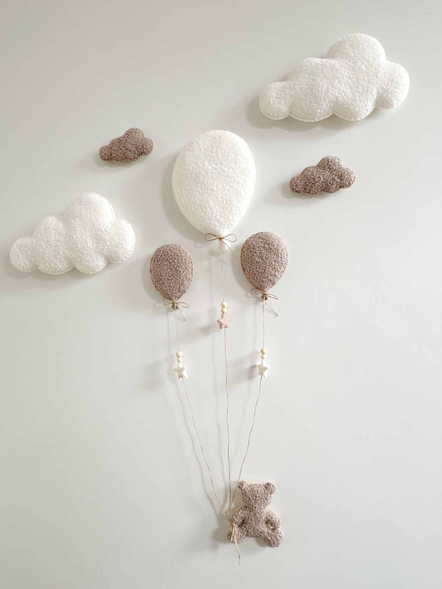 Balloons & Clouds Wall Display Set - 3 Balloons - Small Teddy Bear - Ivory & Taupe Bouclé