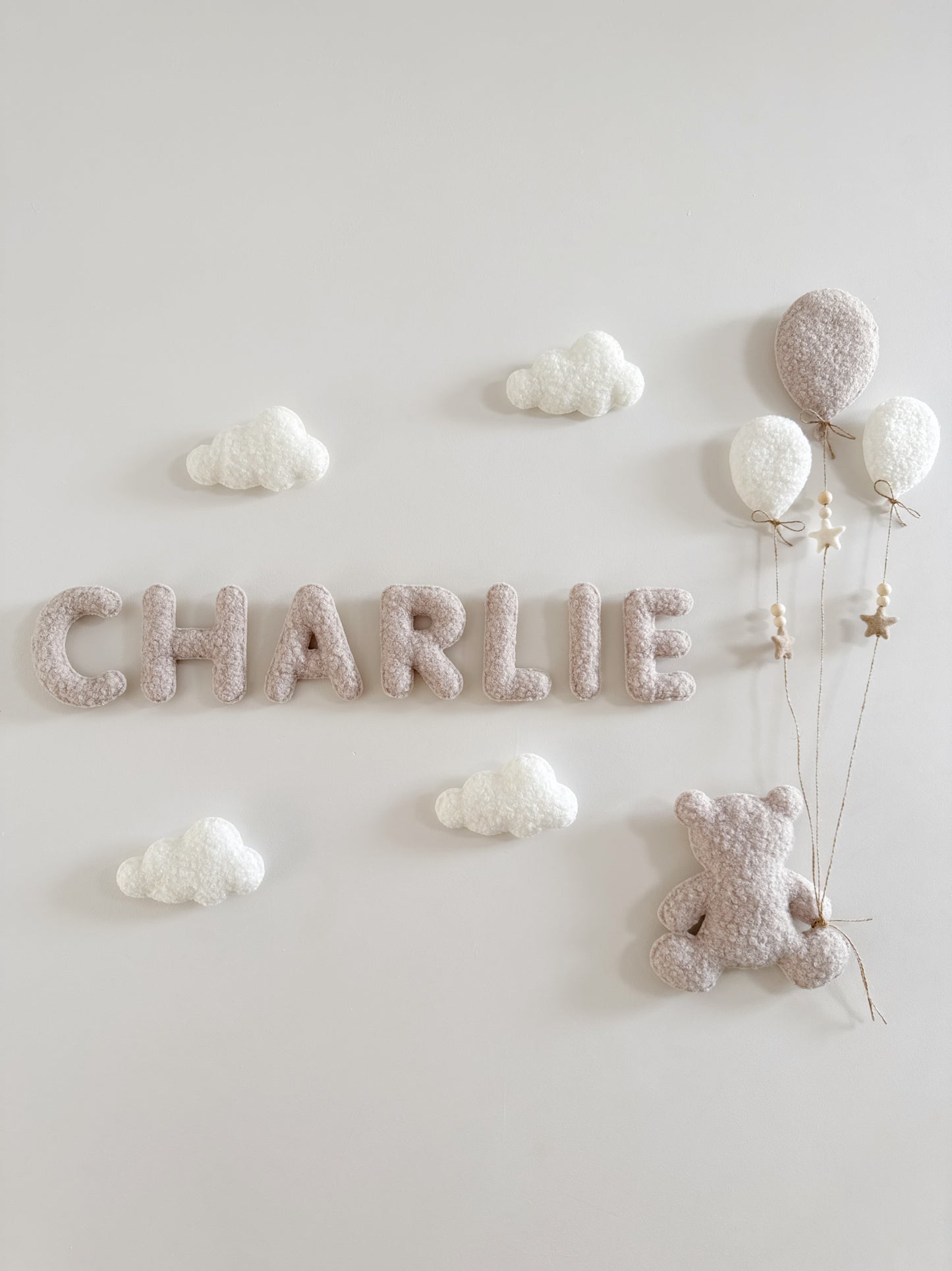 Personalised Name with Large Teddy Bear - Small & Mini Balloons 9pc Wall Display Set - Ivory & Stone Bouclé