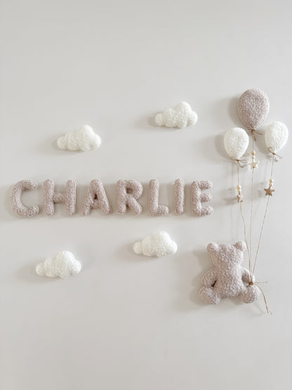 Personalised Name with Large Teddy Bear - Small & Mini Balloons 9pc Wall Display Set - Ivory & Stone Bouclé