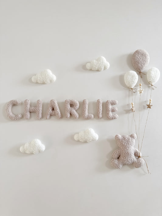 Personalised Name with Large Teddy Bear - Small & Mini Balloons 9pc Wall Display Set - Ivory & Stone Bouclé