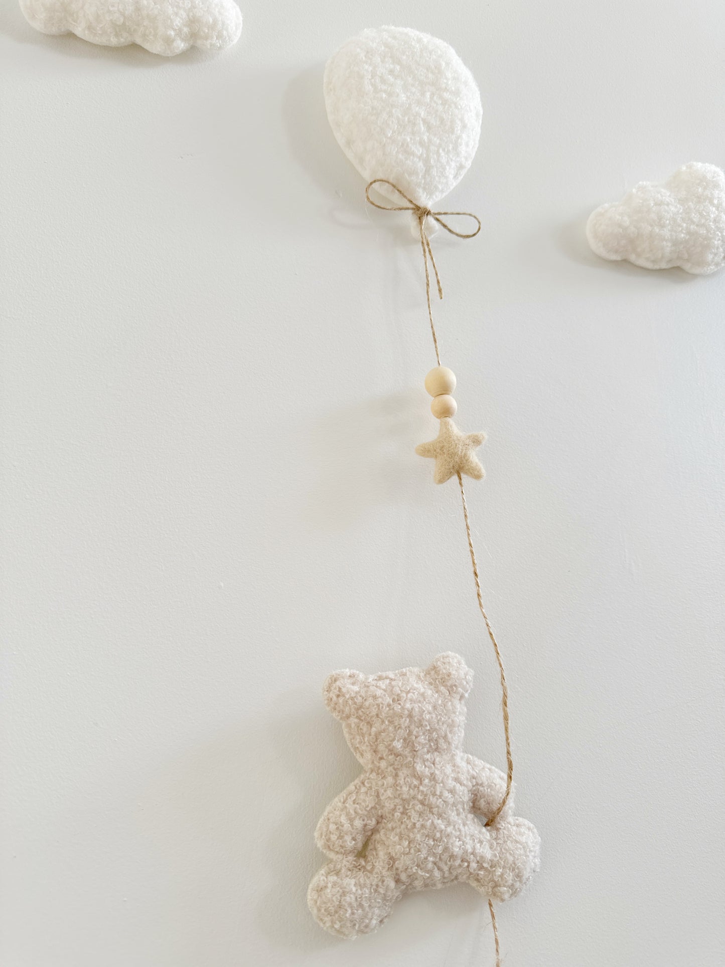 Mini Baby Bear Wall Display Set - Balloon & Teddy Bear with Clouds - Ivory & Ecru Bouclé