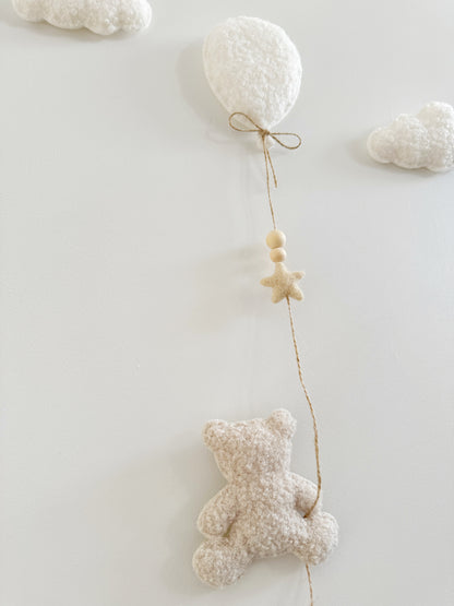 Mini Baby Bear Wall Display Set - Balloon & Teddy Bear with Clouds - Ivory & Ecru Bouclé