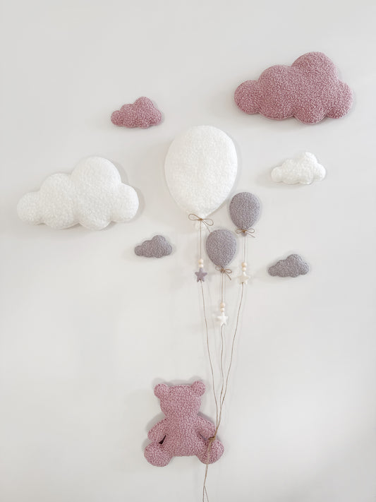 Balloons & Clouds Wall Display Set -10 piece set - Large Teddy Bear - Dusty Rose, Light Grey & Ivory Bouclé