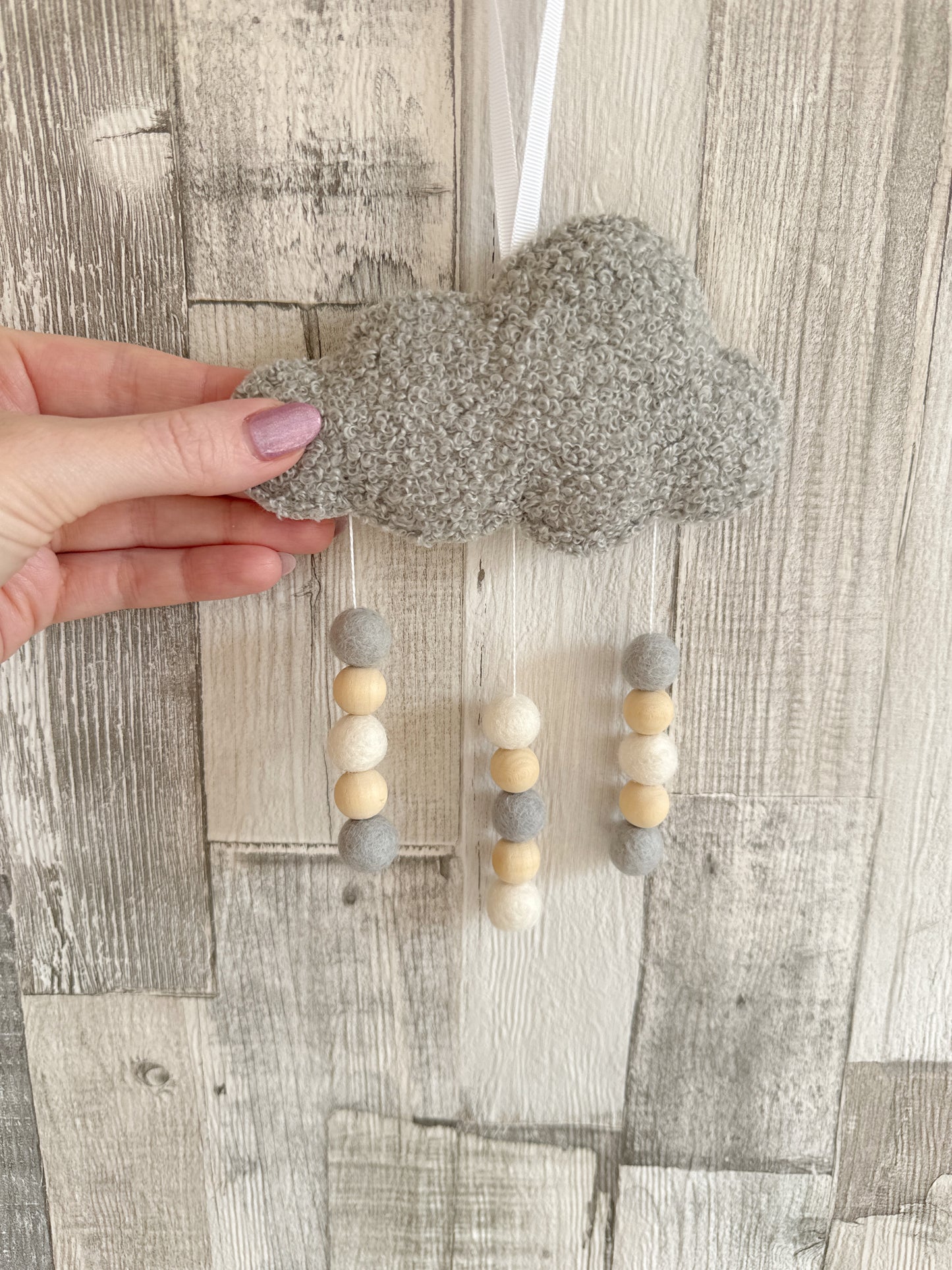 Cloud & Felt Balls Wall Hanger - Light Grey Bouclé - READY TO POST