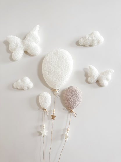 Balloons & Butterflies Wall Display Set - 8 piece - Large, Small & Mini Balloons - Large Teddy Bear - Ivory & Stone Bouclé