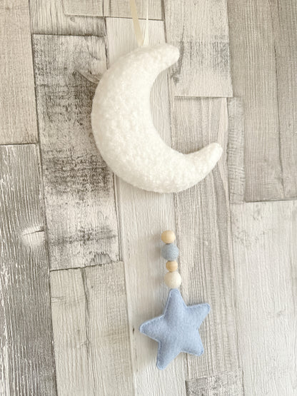 Mini Bouclé Moon & Star Hanging Decoration -  Ivory Bouclé & Baby Blue Felt  - READY TO POST