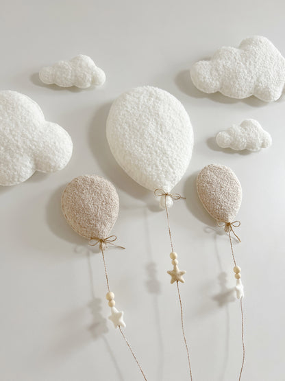 Balloons & Clouds Wall Display Set - 3 Balloons - Large Teddy Bear - Ivory & Ecru Bouclé