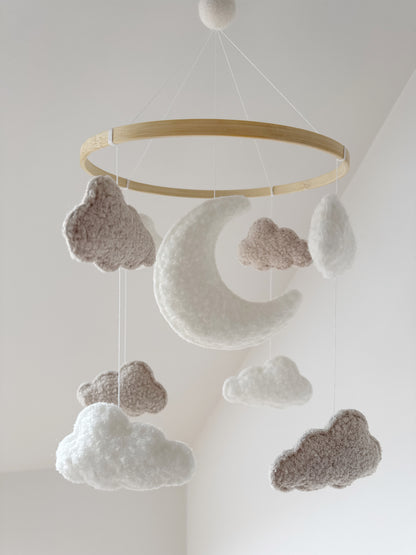 Moon & Clouds Bouclé Cot Mobile - Ivory & Ecru Bouclé