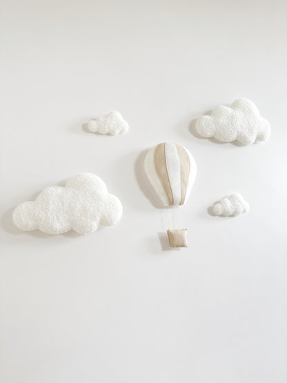 Layered Felt Hot Air Balloon & 4 Bouclé Clouds Wall Display Set - Neutral