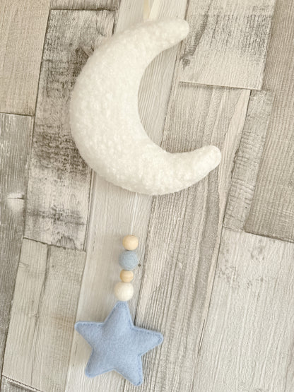 Mini Bouclé Moon & Star Hanging Decoration -  Ivory Bouclé & Baby Blue Felt  - READY TO POST