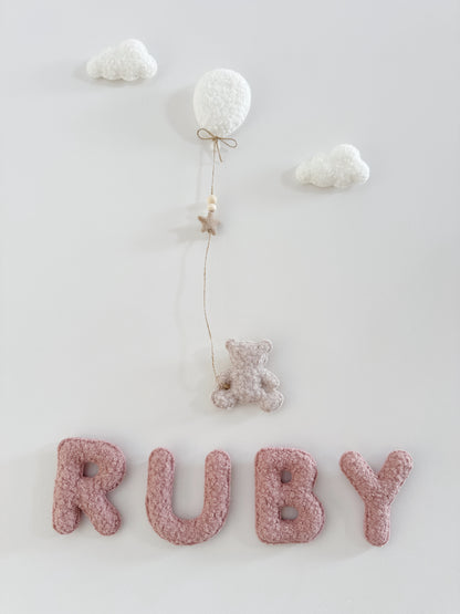 Personalised Name with Mini Teddy Bear, Balloon & Clouds Wall Display Set - Ivory, Rose & Stone Bouclé