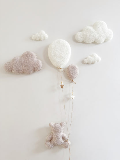 Balloons & Clouds Wall Display Set - 2 Balloons, Large Teddy Bear - Ivory & Stone Bouclé