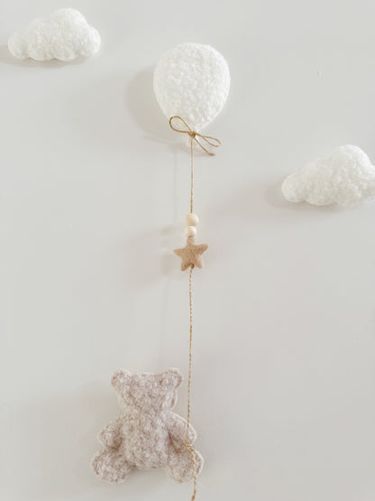 Mini Baby Bear Wall Display Set - Balloon & Teddy Bear with Clouds - Ivory & Stone Bouclé