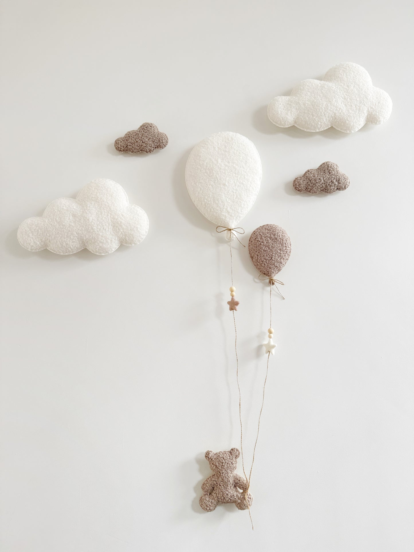 Balloons & Clouds Wall Display Set - 2 Balloons, Small Teddy Bear - Ivory & Taupe Bouclé