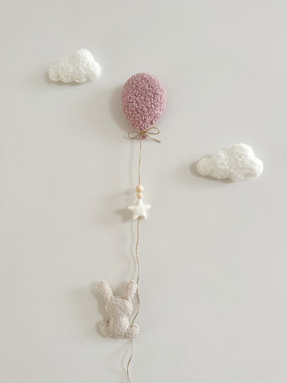 Mini Bunny Wall Display Set - Balloon & Bunny with Clouds - Ivory, Ecru & Dusty Rose Bouclé - READY TO POST