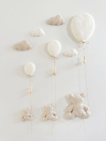 Family of 3 Teddy Bears with  Balloons & Clouds Wall Display Set - Ivory & Ecru Bouclé