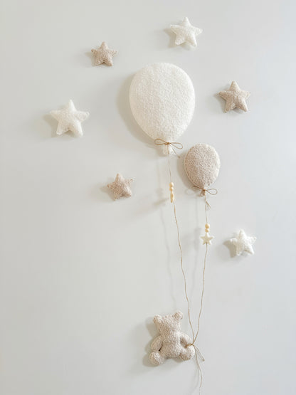 Balloons & Stars Wall Display Set  - 2 Balloons - Small Teddy Bear - Ivory & Ecru Bouclé