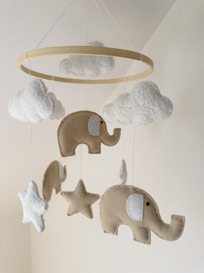 Elephants, Clouds & Stars Cot Mobile - Beige Felt & White Bouclé