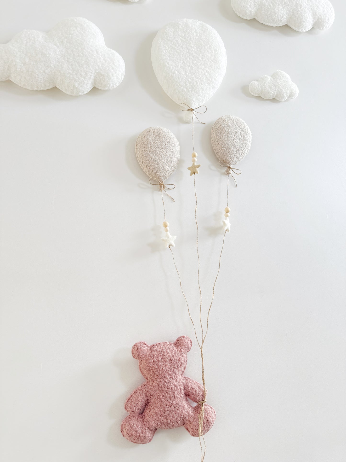 Balloons & Clouds Wall Display Set - 3 Balloons - Large Teddy Bear - Rose Pink, Ivory & Ecru Bouclé