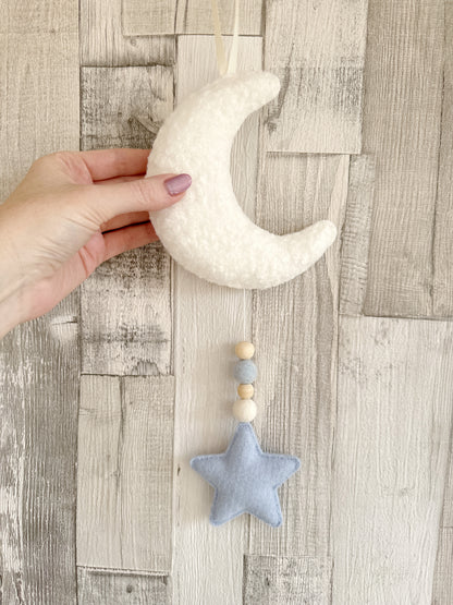 Mini Bouclé Moon & Star Hanging Decoration -  Ivory Bouclé & Baby Blue Felt  - READY TO POST