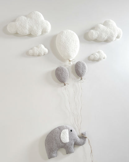 Balloons & Clouds Wall Display Set - 3 Balloons - XL Elephant - Ivory & Light Grey Bouclé