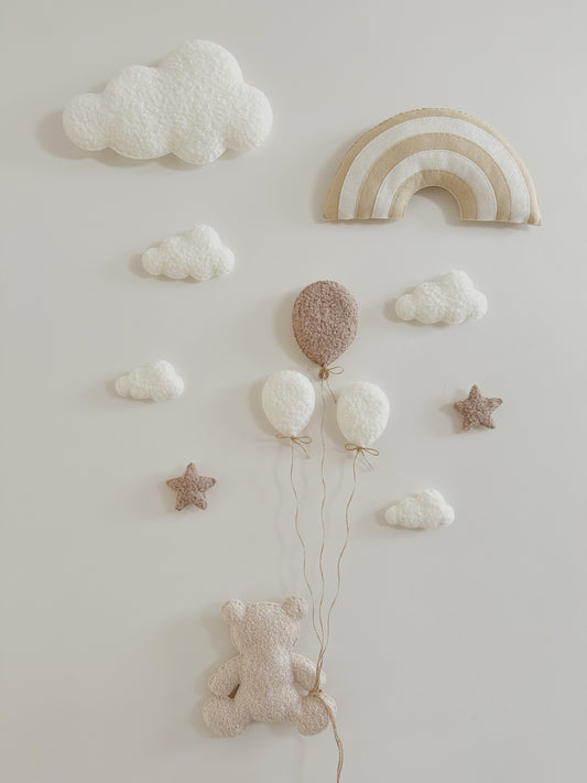 Layered Felt Rainbow, Balloons, Clouds & Stars Wall Display Set - Ivory, Taupe & Ecru Bouclé