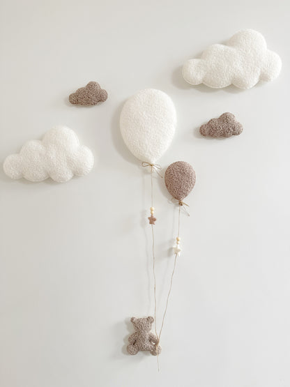 Balloons & Clouds Wall Display Set - 2 Balloons, Small Teddy Bear - Ivory & Taupe Bouclé