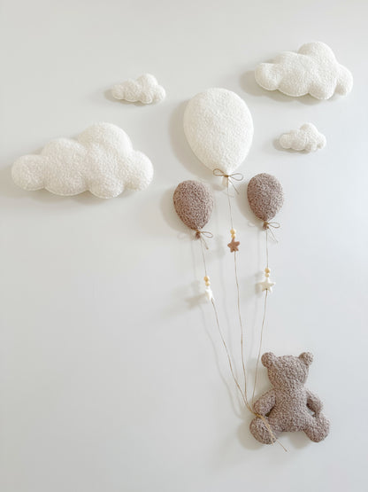 Balloons & Clouds Wall Display Set - 3 Balloons - Large Teddy Bear - Ivory & Taupe Bouclé