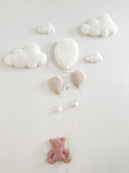 Balloons & Clouds Wall Display Set - 3 Balloons - Large Teddy Bear - Rose Pink, Ivory & Ecru Bouclé