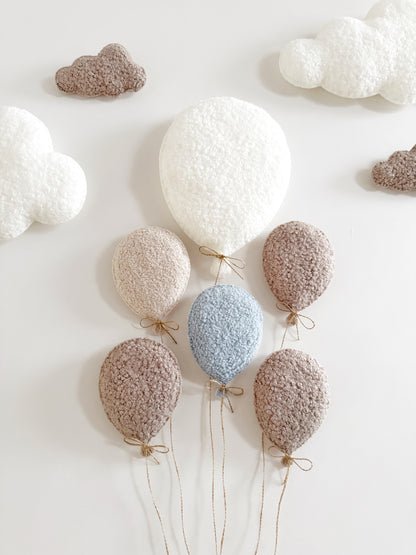 Balloons & Clouds Wall Display Set - 6 Balloons - Large Teddy Bear - Taupe & Baby Blue Mix Bouclé