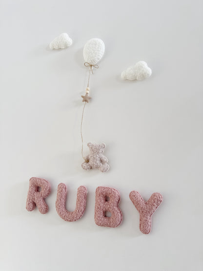 Personalised Name with Mini Teddy Bear, Balloon & Clouds Wall Display Set - Ivory, Rose & Stone Bouclé