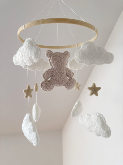 Teddy Bear & Clouds Bouclé Cot Mobile