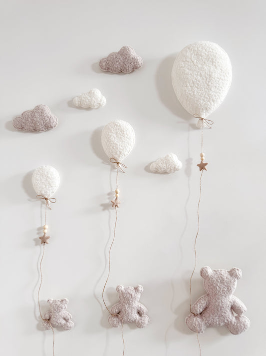 Family of 3 Teddy Bears with  Balloons & Clouds Wall Display Set - Ivory & Stone Bouclé