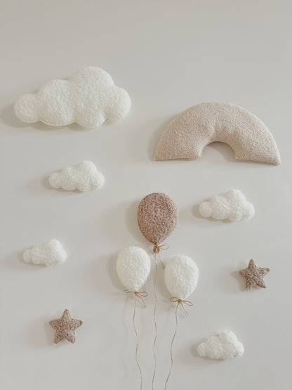 Bouclé Rainbow, Balloons, Clouds & Stars Wall Display Set - Ivory, Taupe & Ecru Bouclé