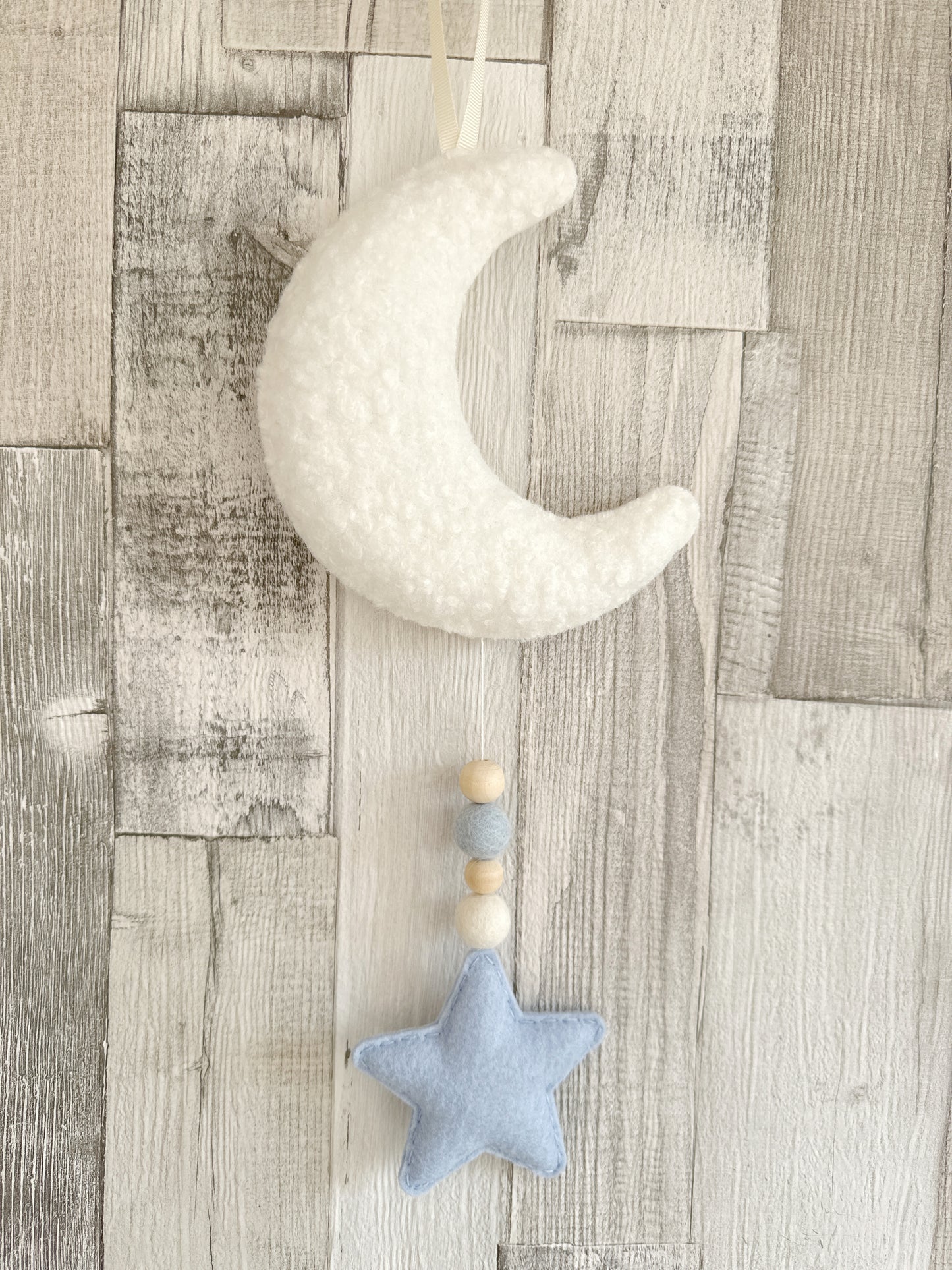 Mini Bouclé Moon & Star Hanging Decoration -  Ivory Bouclé & Baby Blue Felt  - READY TO POST